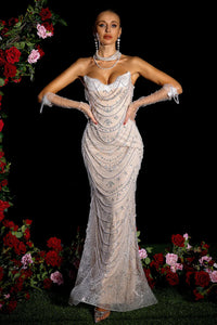 Dalida Strapless Pearl Crystal Lace Maxi Dress In White