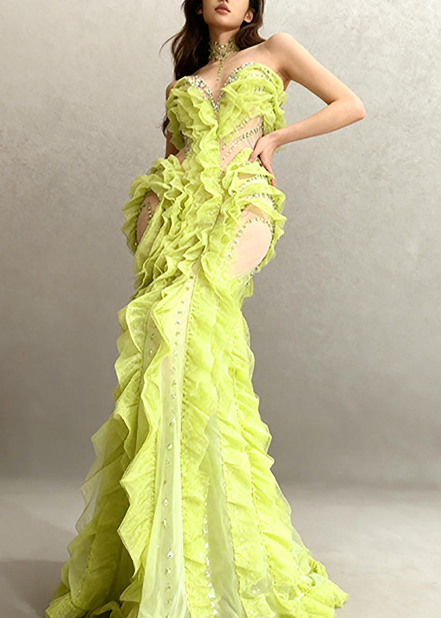 Elvynx High Neck Rhinestone Ruffle Maxi Dress