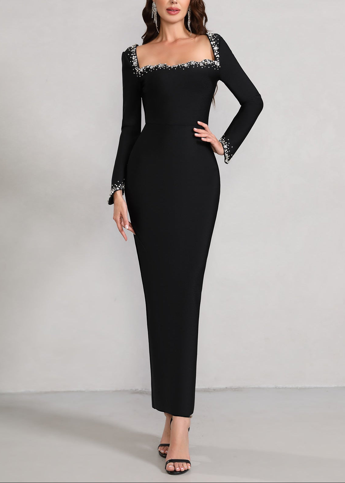 Firenze Long Sleeve Crystal Embellished Trim Maxi Dress In Black