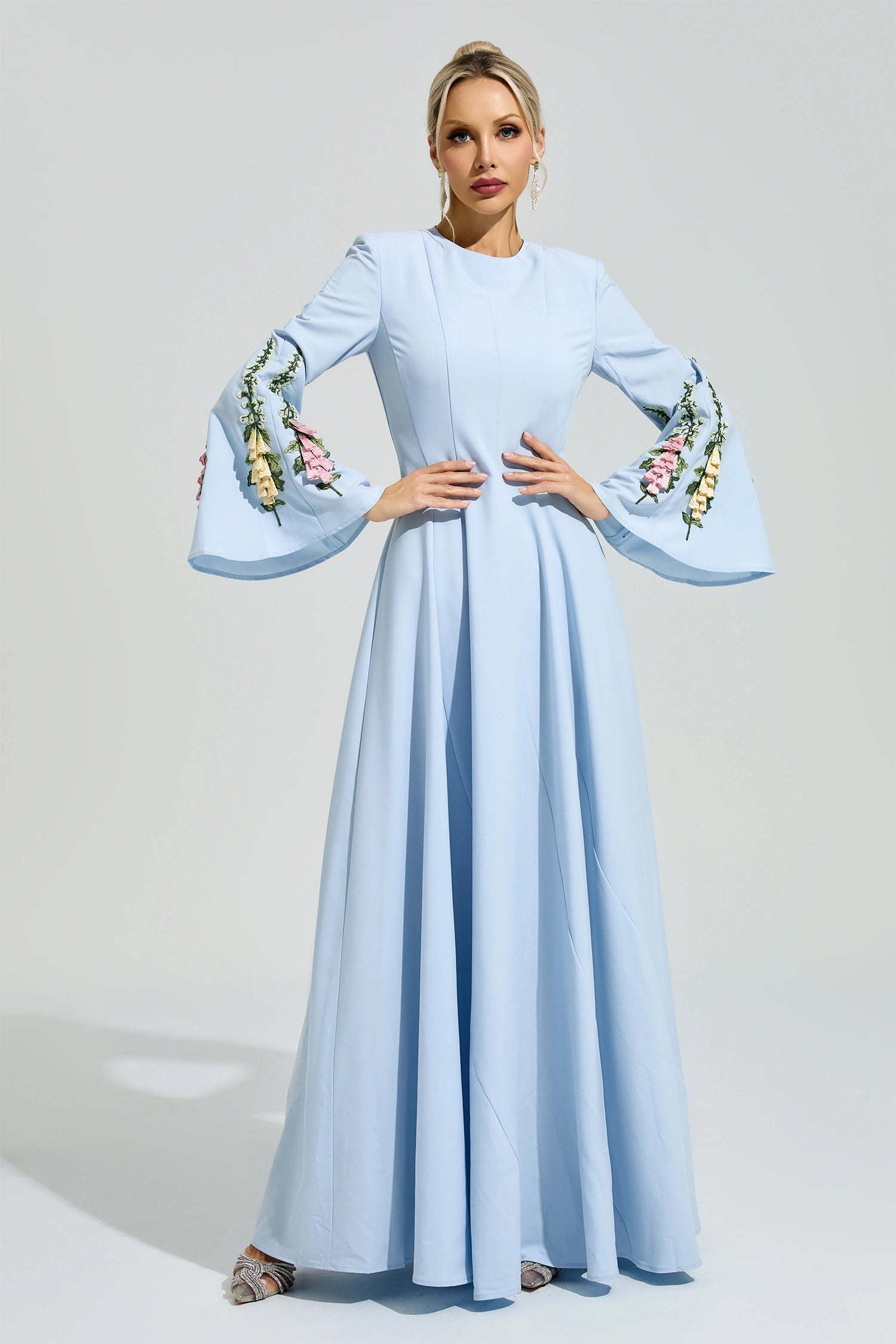 Ezmora Blue Embroidered Flower Maxi Dress