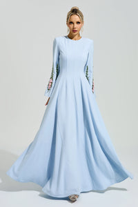Ezmora Blue Embroidered Flower Maxi Dress