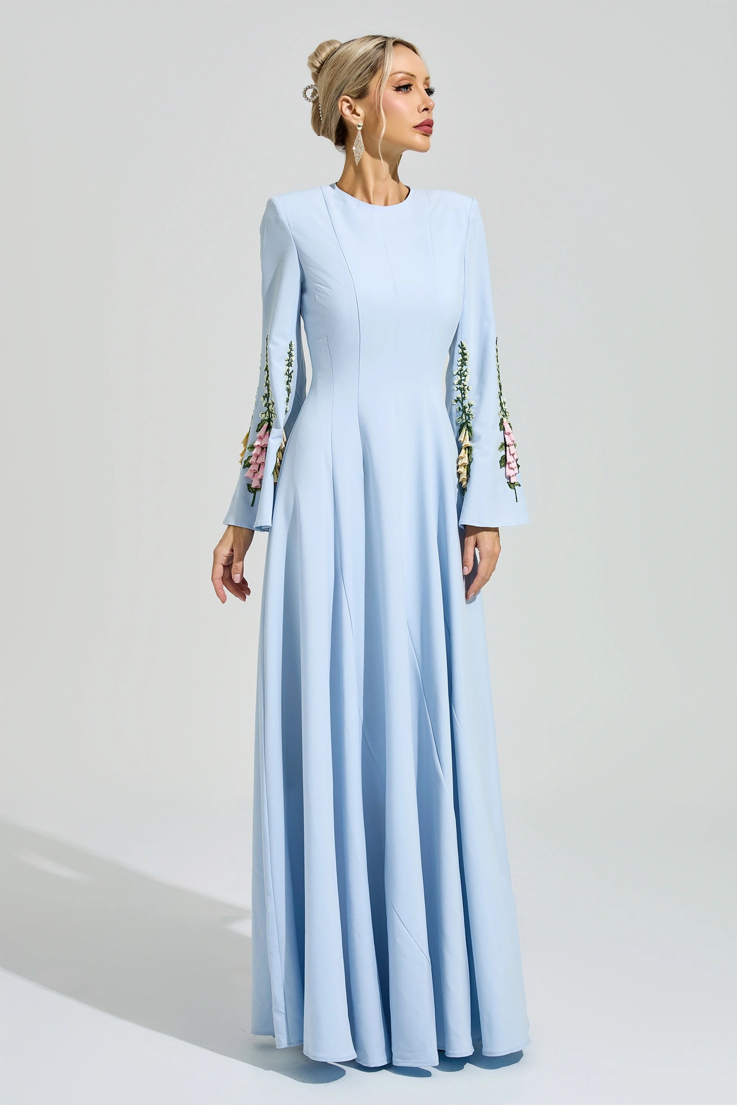 Ezmora Blue Embroidered Flower Maxi Dress