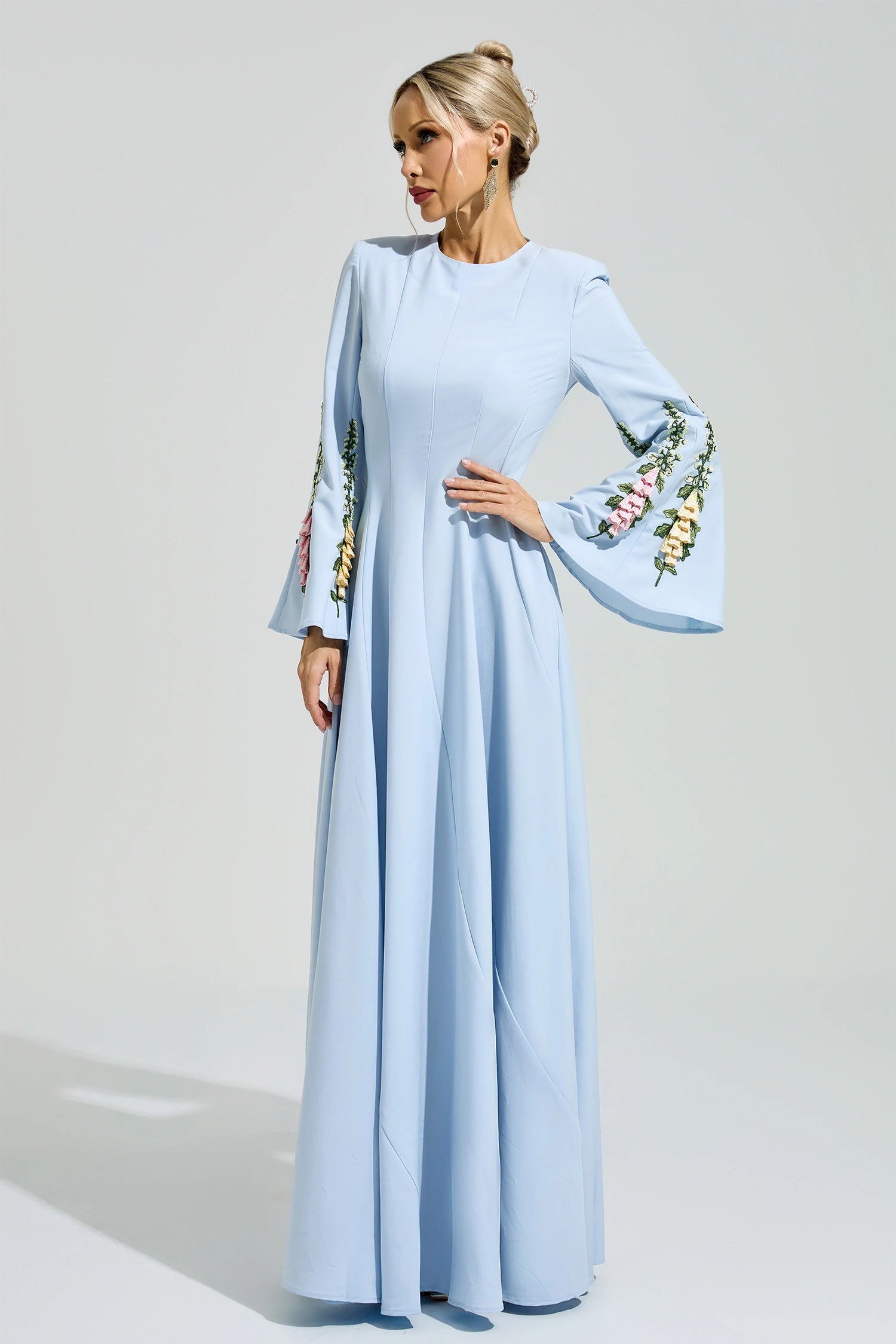 Ezmora Blue Embroidered Flower Maxi Dress