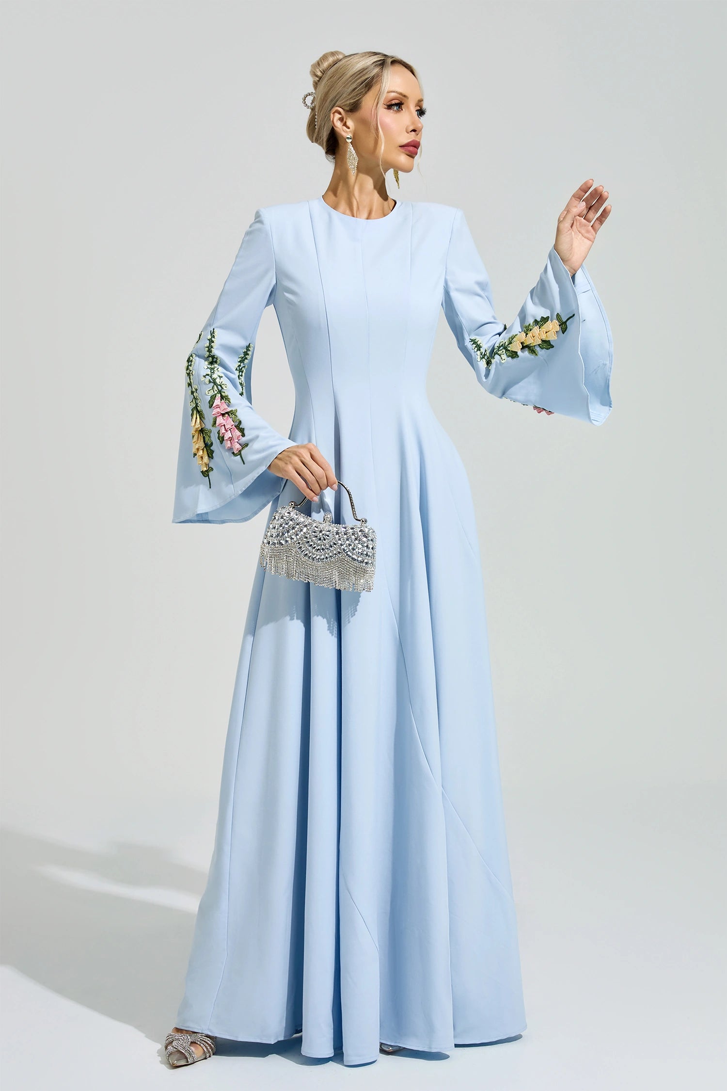 Ezmora Blue Embroidered Flower Maxi Dress