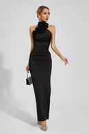 Dalary Black Floral Ruched Halter Maxi Dress