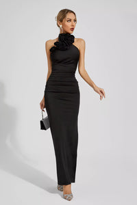 Dalary Black Floral Ruched Halter Maxi Dress
