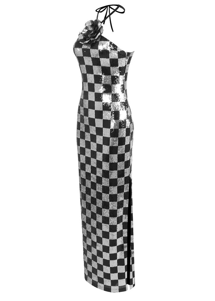 Genica Halter Floral Sequin Chess Maxi Dress In Silver Black