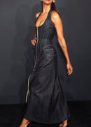 Fyriael Halter Structured A Line Maxi Denim Dress In Black