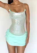 Quivyx Sequin Floral Draped Corset Mini Dress In Green