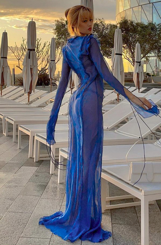 Fuffy Long Sleeve Mesh Split Maxi Dress In Blue