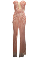 Oswine Strapless Draped Bustier Sparkly Maxi Dress In Pink