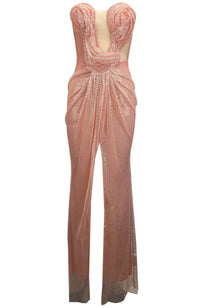 Oswine Strapless Draped Bustier Sparkly Maxi Dress In Pink