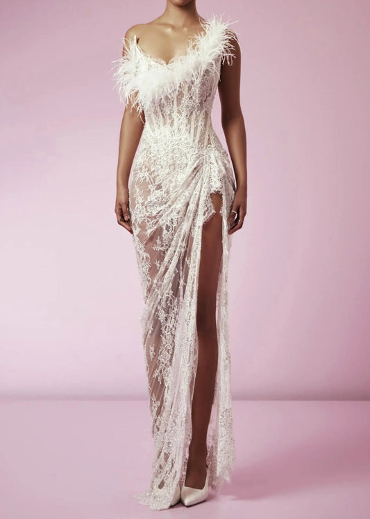 Caysie Strapless Feather Lace Corset Maxi Dress In White