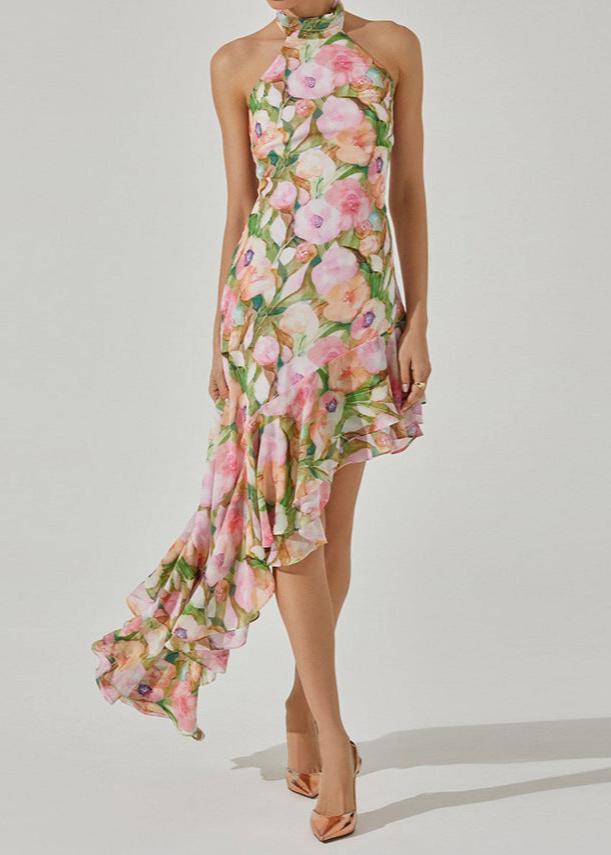 Isidore Asymmetric Floral Halter Midi Dress In Pink Green