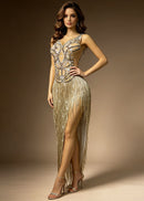Kreutzix Crystal Fringe Split Maxi Dress