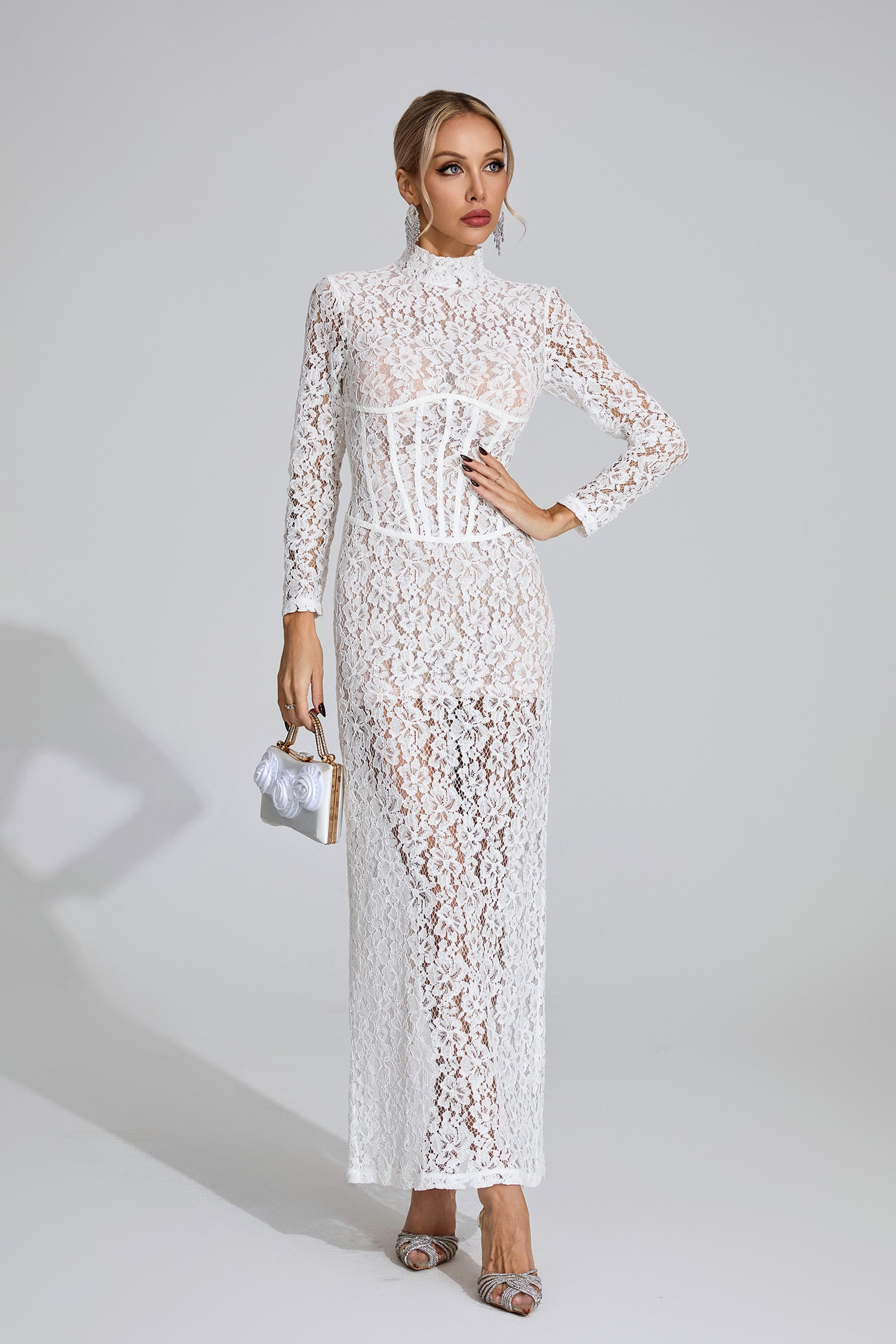 Heyren Long Sleeve Structured Lace Maxi Dress In White