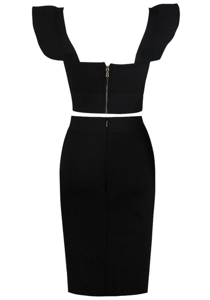 Rawan Ruffle Detail Ribbed Two Piece Midi Dress In Black