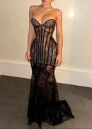 Ekram Strapless Lace Bustier Maxi Dress In Black