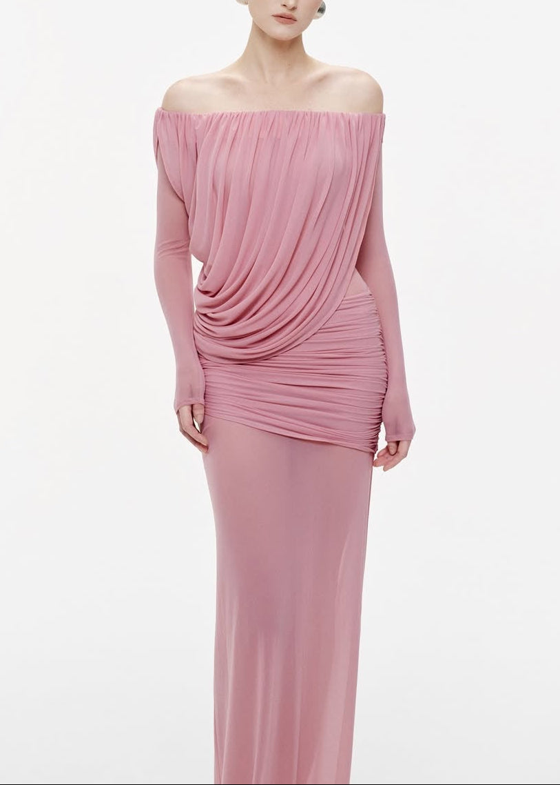 Cryxel Off-Shoulder Draped Mesh Maxi Dress In Pink