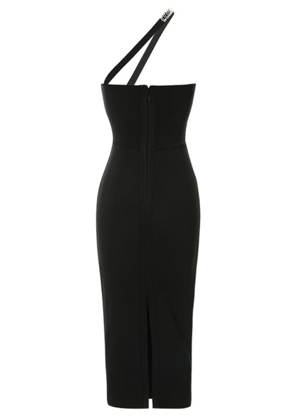 Jyler One Shoulder Crystal Trim Midi Dress In Black