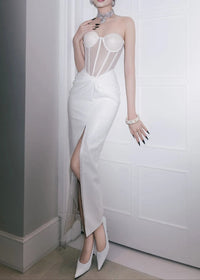 Azdara Strapless Mesh Corset Maxi Dress In White