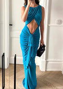 Gyxra Draped Cutout Detail Maxi Dress In Blue