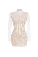 Yxalira Lace Jacquard Fishbone Bodycon Mini Dress In White