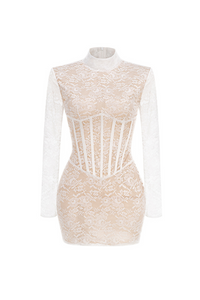 Yxalira Lace Jacquard Fishbone Bodycon Mini Dress In White