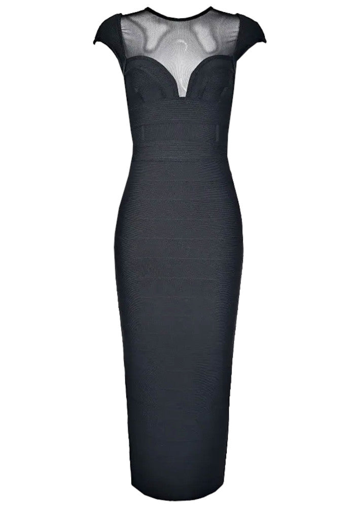 Avenire Cap Sleeve Mesh Insert Maxi Dress In Black