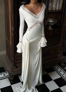 Grabrol Long Sleeve Lace Draped Maxi Dress In White