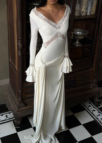 Grabrol Long Sleeve Lace Draped Maxi Dress In White