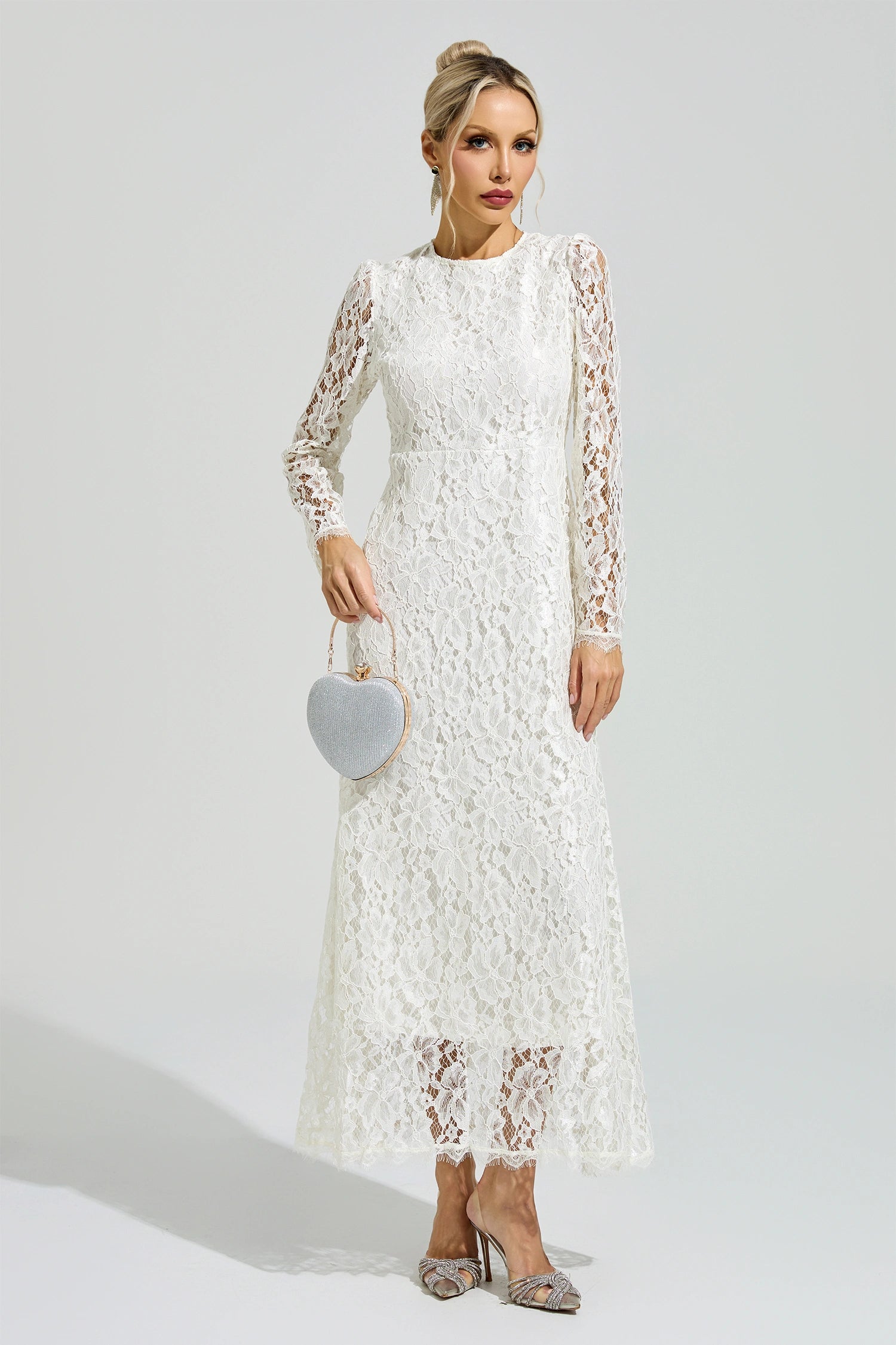 Nuvarek White Long Sleeve Lace Maxi Dress
