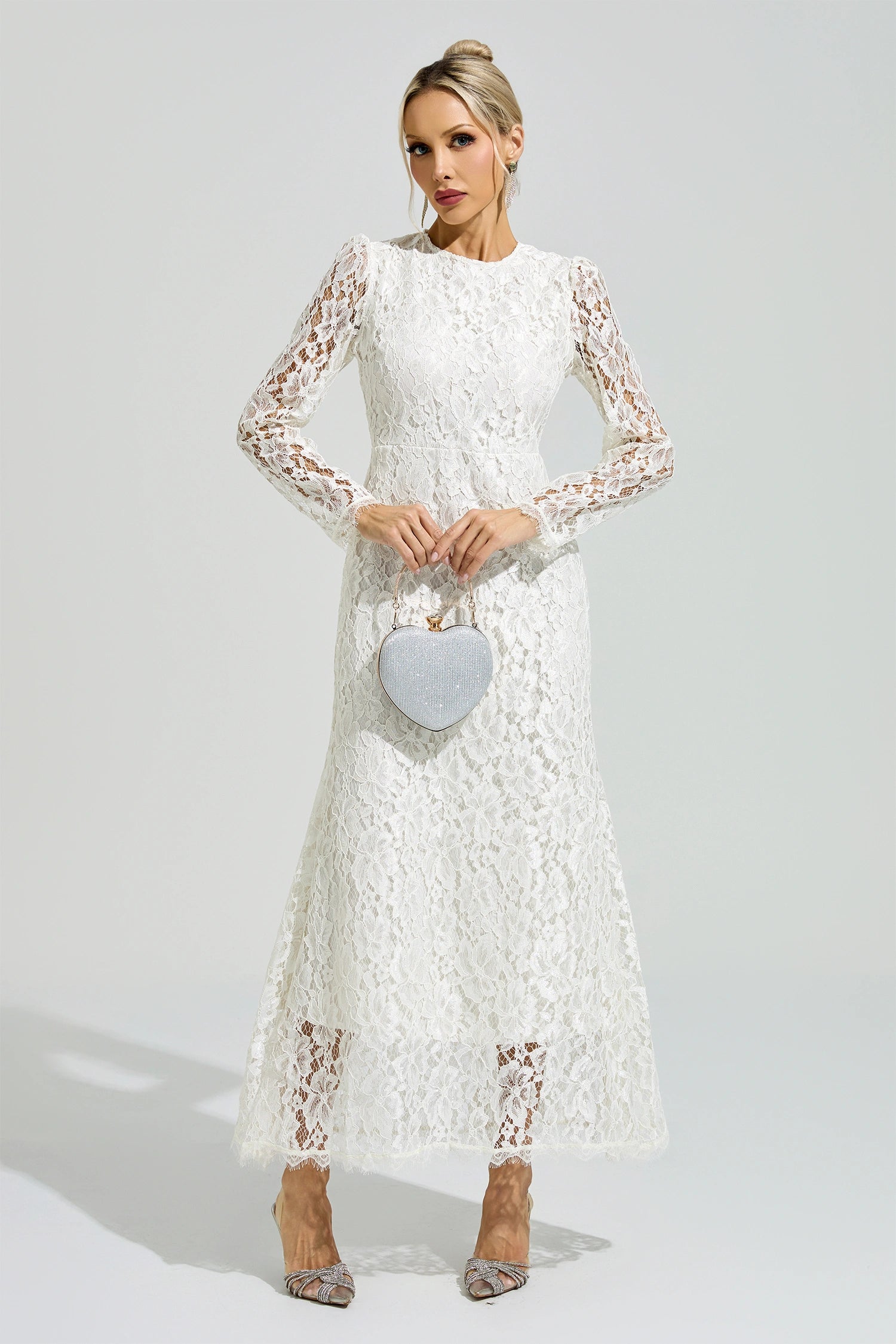 Nuvarek White Long Sleeve Lace Maxi Dress