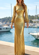 Farjana Long Sleeve Crystal Neck Sequin Maxi Dress In Gold