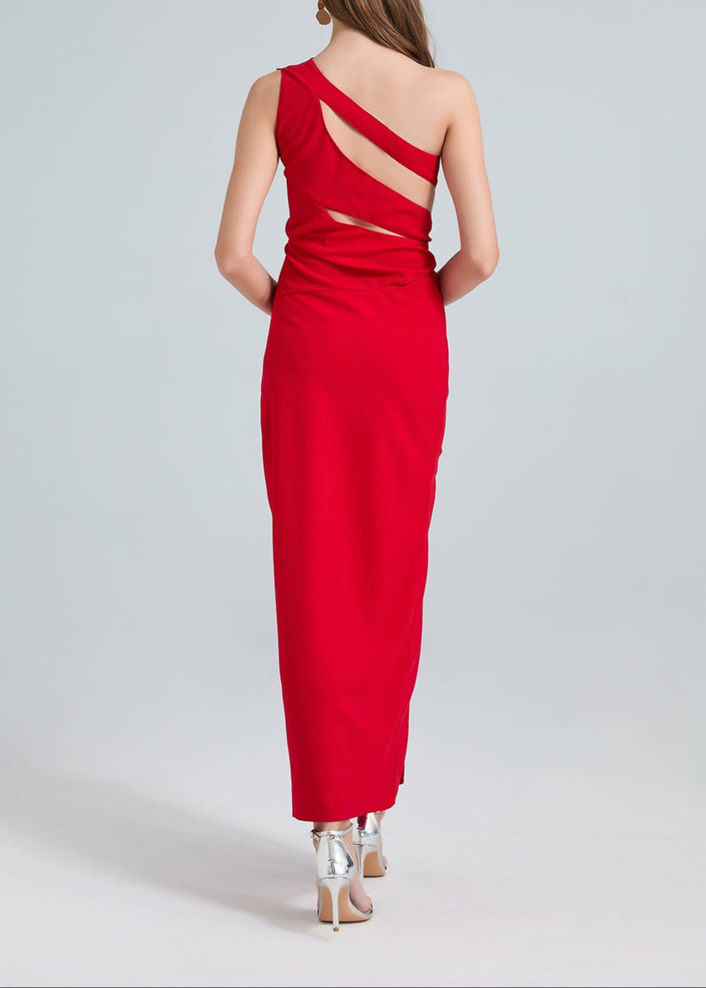Nebraska One-Shoulder Cutout Side Slit Maxi Dress In Red