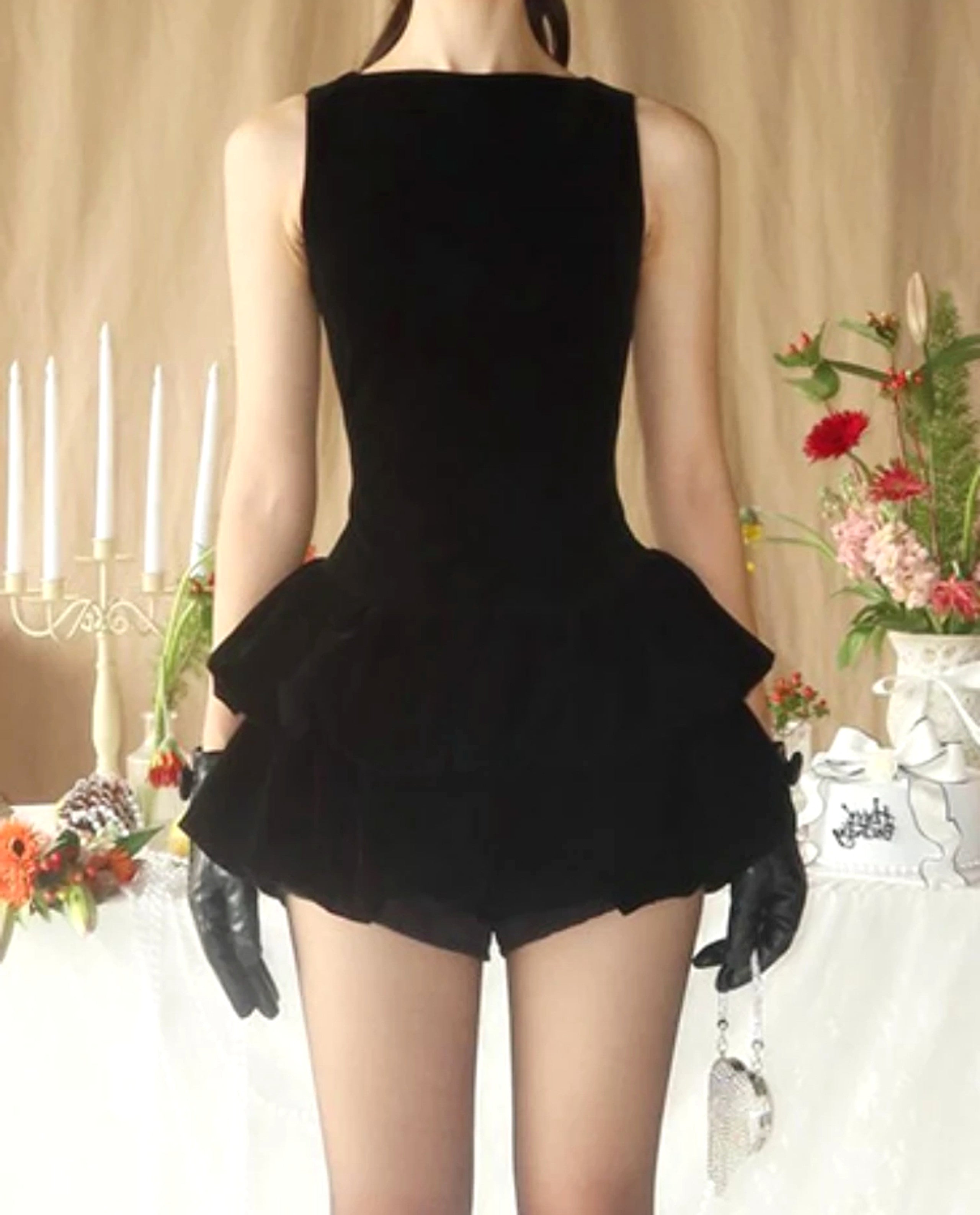 Aidric Puff Detail Velvet Mini Dress In Black