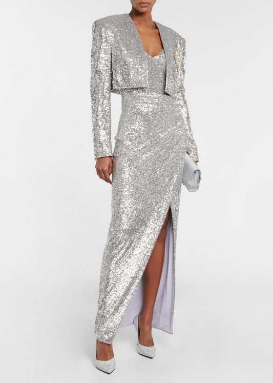 Wells Cropped Sequined Blazer In Sliver