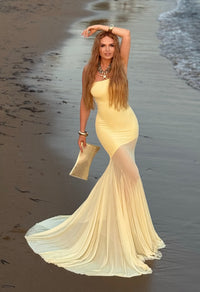 Raziela Strapless Mermaid Mesh Maxi Dress In Yellow