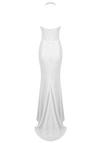 Aelorin Halter Pearl Detail Sequin Maxi Dress In White