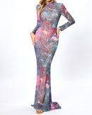Lyn Long Sleeve Studded Maxi Dress In Galaxy
