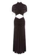 Farrux Draped Mesh A Line Maxi Dress In Brown