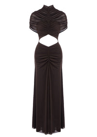 Farrux Draped Mesh A Line Maxi Dress In Brown