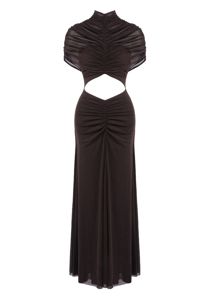 Farrux Draped Mesh A Line Maxi Dress In Brown