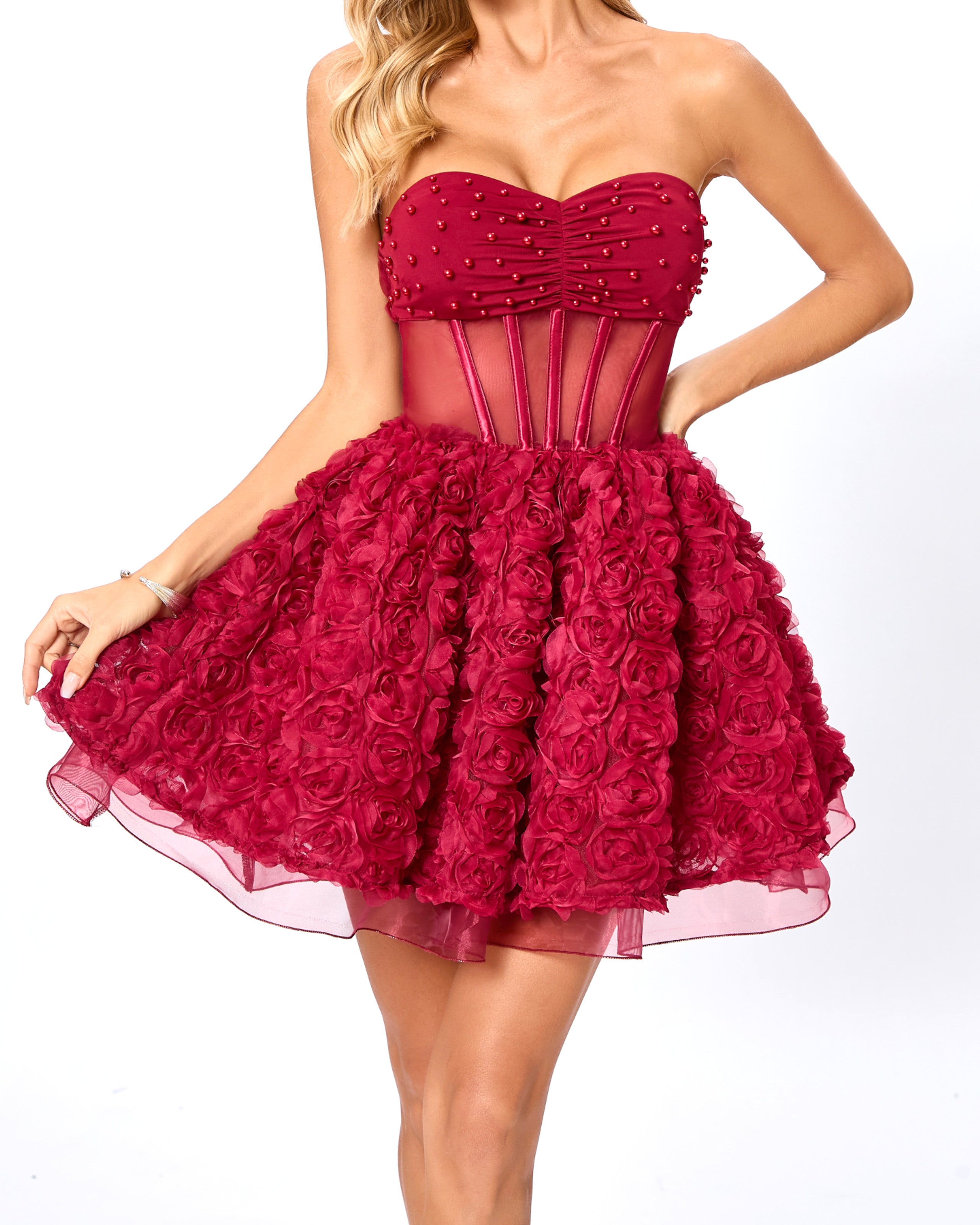 Osorio Strapless Floral Corset A Line Mini Dress In Red