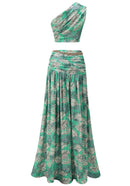 Saahira One Shoulder Floral Two Piece Maxi Dress In Green