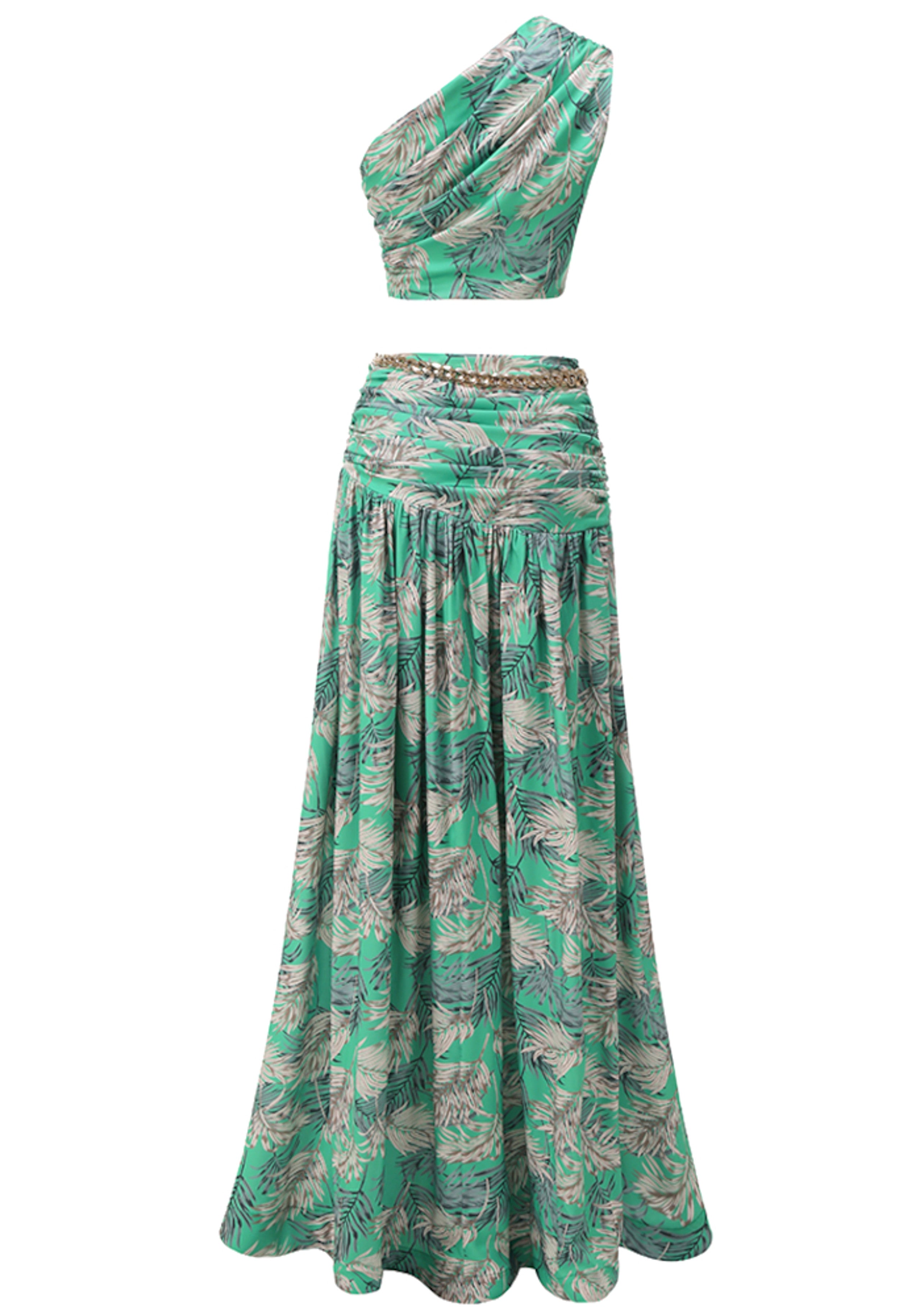 Saahira One Shoulder Floral Two Piece Maxi Dress In Green