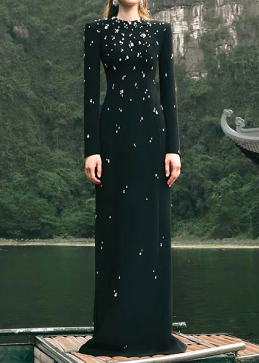 Bethel Long Sleeve Crystal A Line Maxi Dress In Black