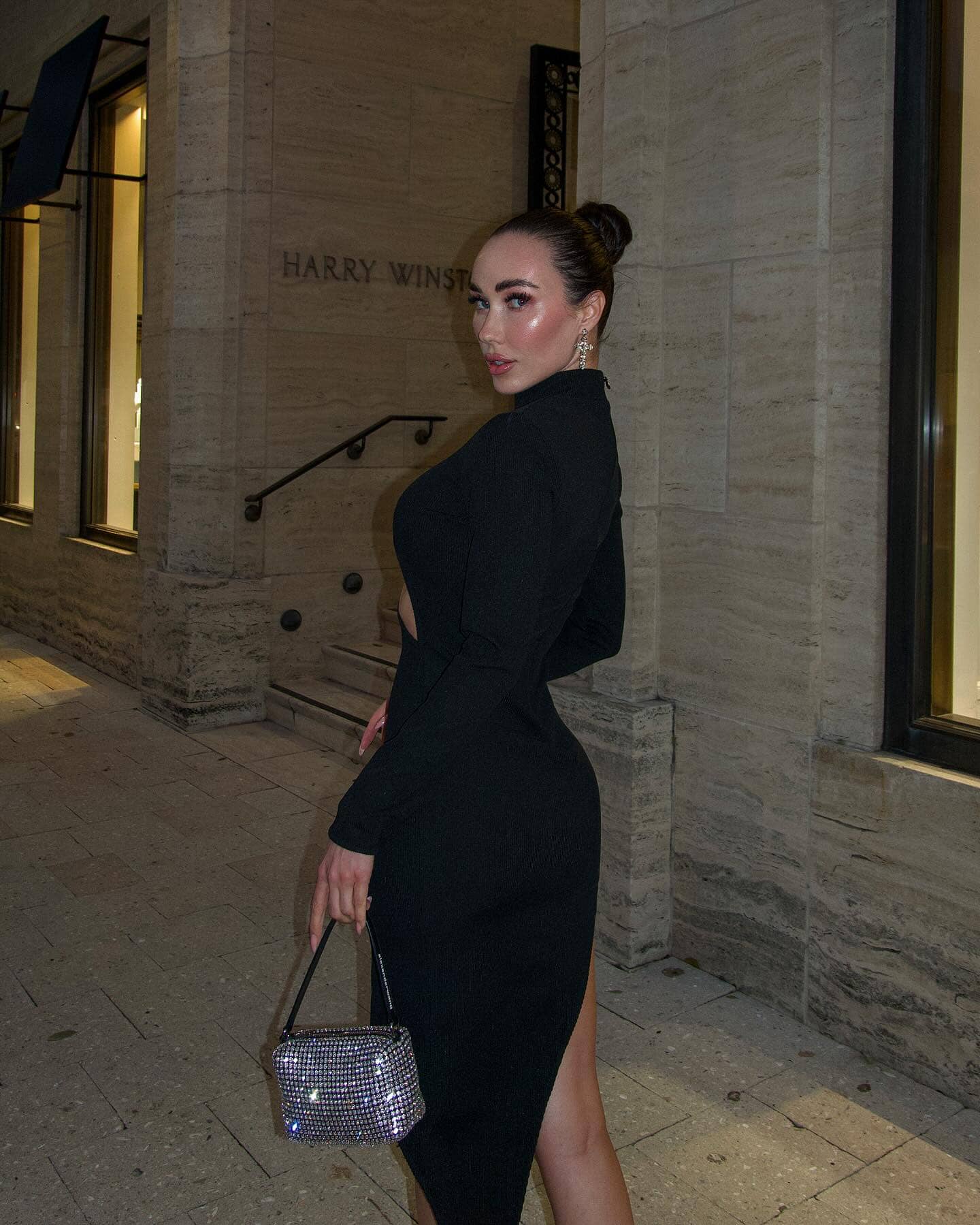 Zamir Crystal Buckle Cutout Asymmetrical Knit Dress