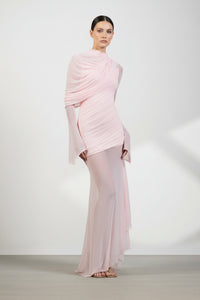 Ivaren Pink Asymmetrical Ruched Mesh Maxi Dress