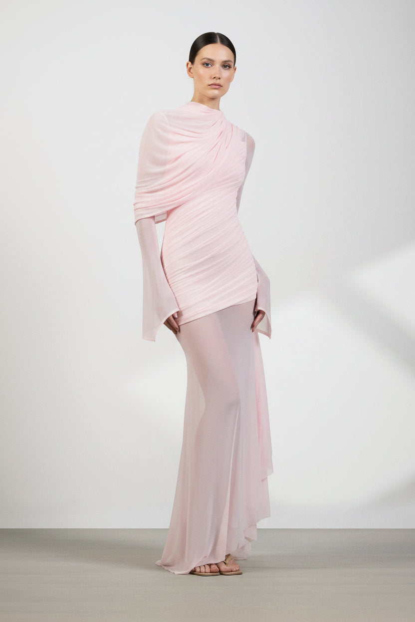 Ivaren Pink Asymmetrical Ruched Mesh Maxi Dress